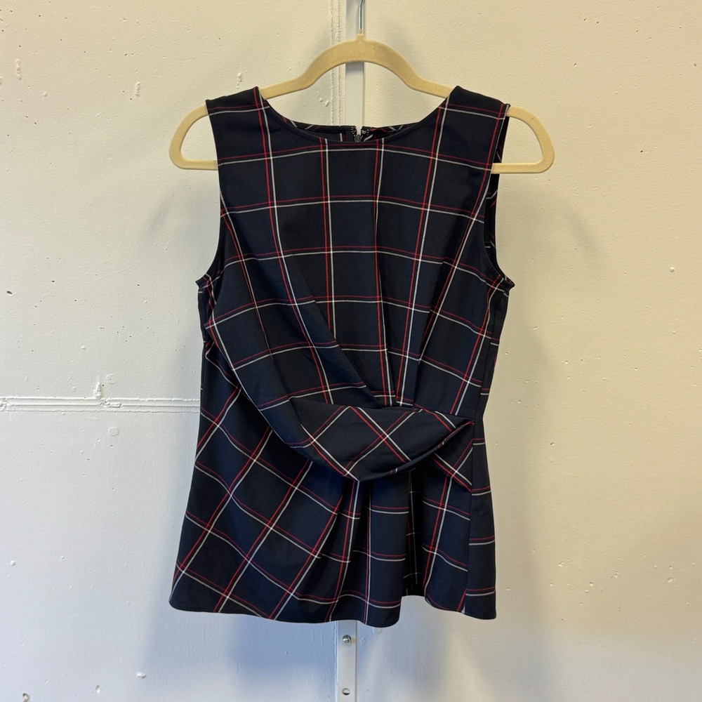 Ann Taylor Plaid Twist Front Sleeveless Blouse Top Size 4 Navy Red 506392 Career